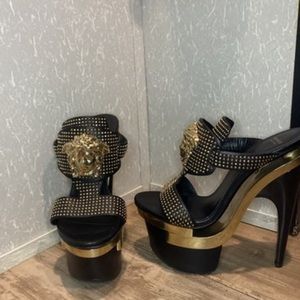 Versace Black Gold Stud Platform Heels sz 7